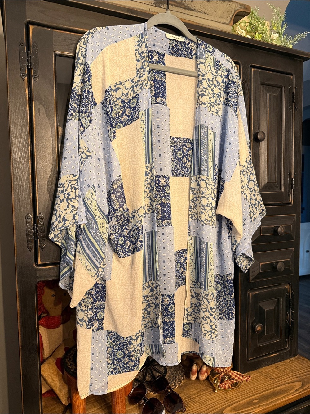 ADORA Blue and Cream Patchwork Kimono Top
